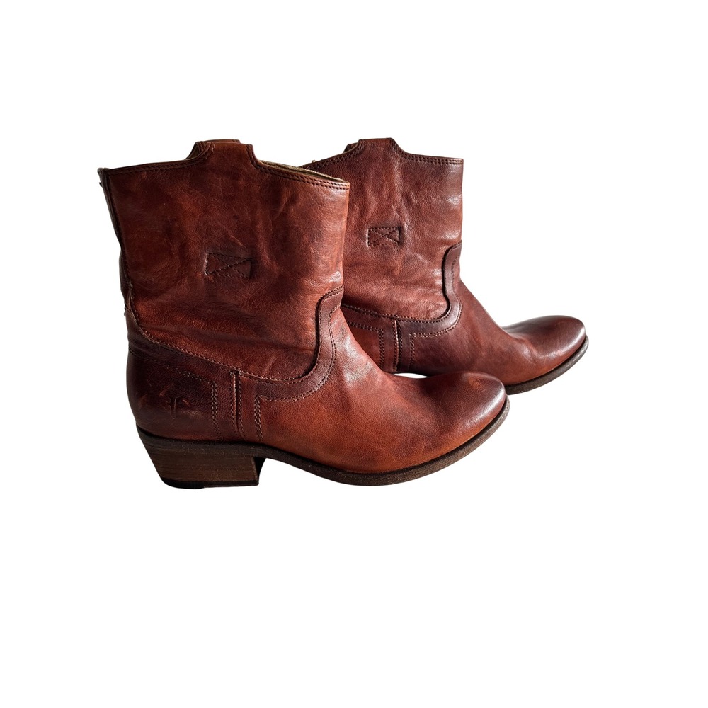 Frye Carson Shortie Cognac Brown Leather Western Ankle Boots Womens 7.5 M